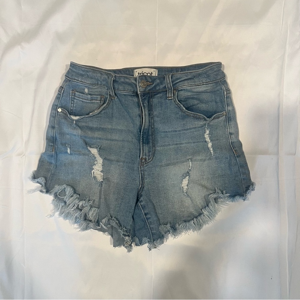 Distressed Tricot Denim Shorts - Size 7